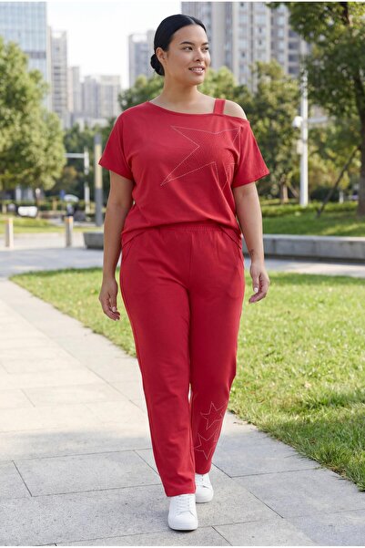 Ebsumu Women's Plus Size Strap Detail Summer Red Tracksuit Set