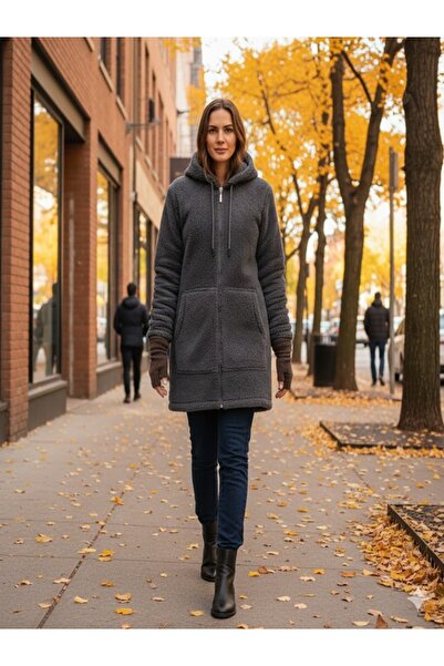 aryam butik Large Size Warm Plush Sweat Zippered Hooded Knitted Plush Sweatsh...