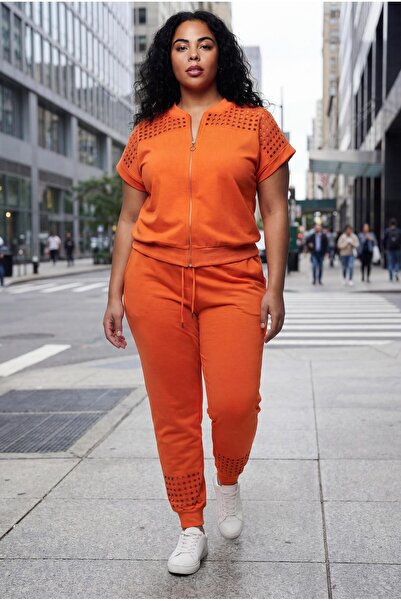 Ebsumu Women's Plus Size Transparent Cutout Natural Stone Printed Orange Trac...