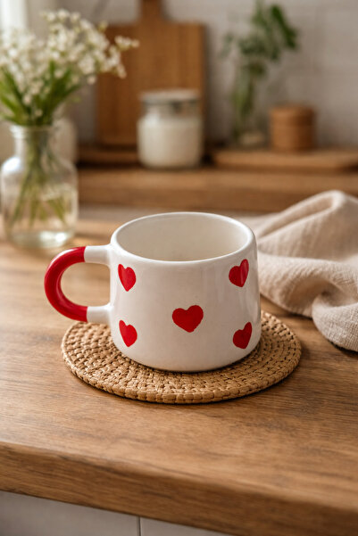 NİVRA GRUP Handmade Red Handle Mug – Hand Embroidered Red Heart Pattern 190ml...