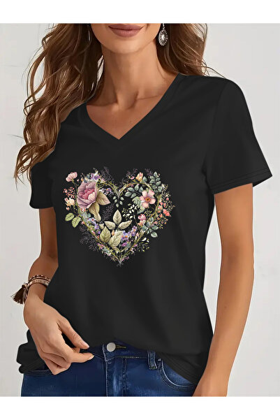 mercoledi Women's Sleeved V-Neck Mix Printed Relaxed Fit Full-Fit T-Shirt