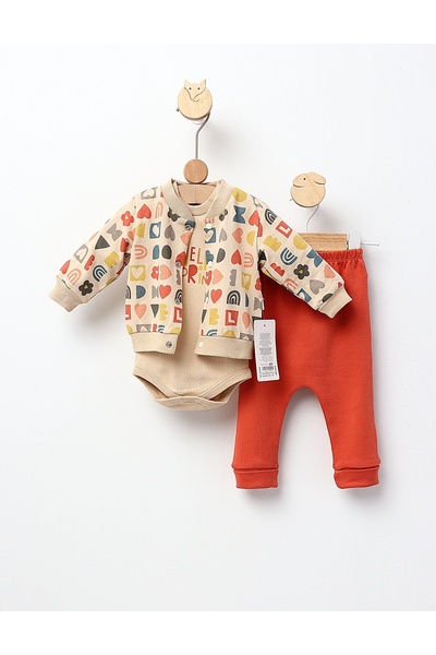 MiniKids Costumas 3 piese, Hello Spring, bej-caramiziu 62 (0-3 luni)
