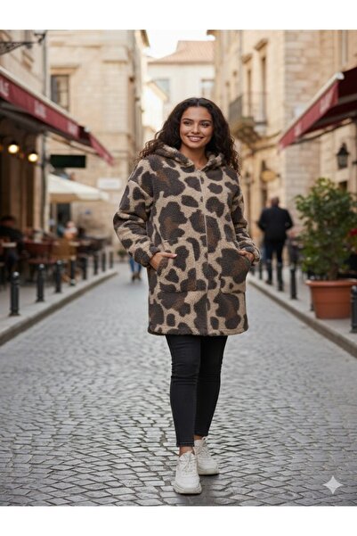 aryam butik Large Size Warm Plush Sweat Zippered Hooded Knitted Plush Sweatsh...