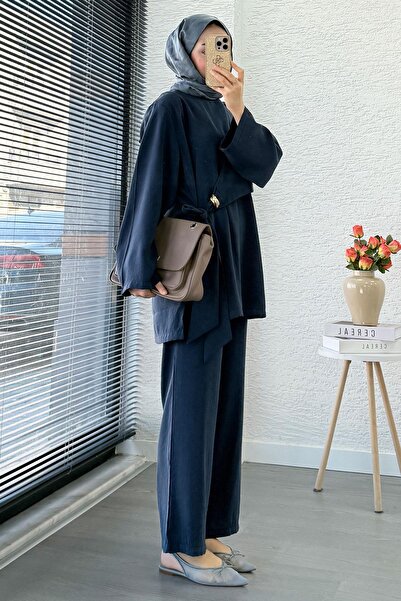 MELEK ARAZ Women's Two-Piece Set with Side Tie Brooch Detail — Navy Blue