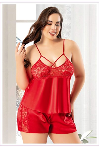 euro click Plus Size Red Satin Shorts Pajama Set – 2-Piece Set with Lace and ...