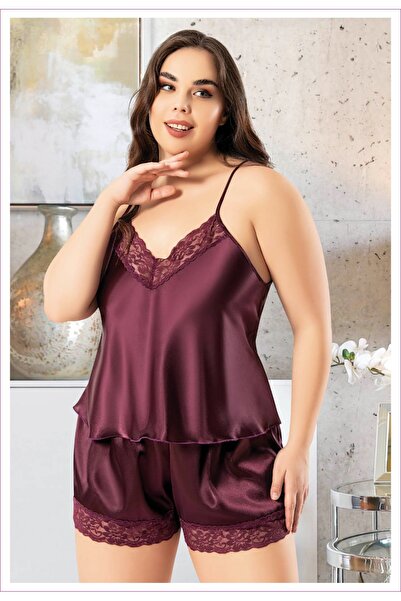 euro click Plus Size Burgundy Satin Shorts Pajama Set – Stylish 2-Piece Homew...