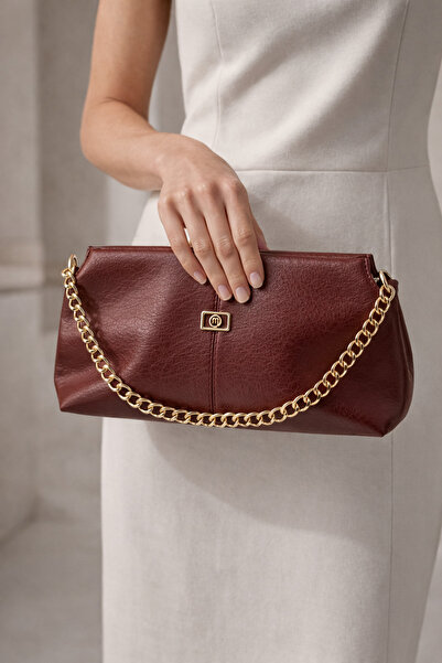 LikeMoon Kadın Bordo El ve Omuz Çantası Gold Zincir Askılı Deri Günlük Kullan...
