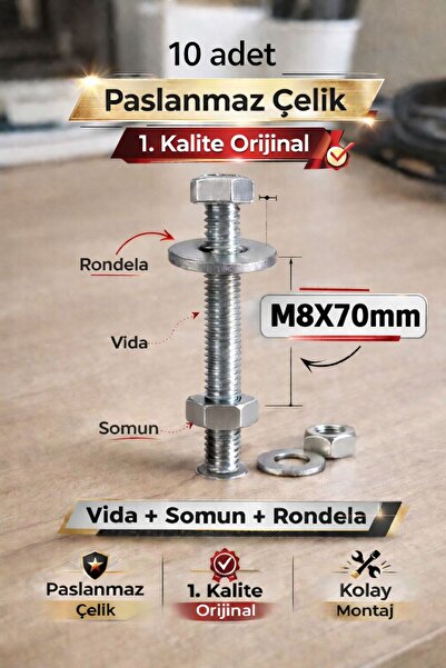 akatsuki Paslanmaz Çelik civata + Somun + Rondela Seti (M8x70mm) – 10 Adet
