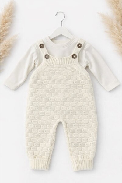 Superbaby Σετ πλεκτής ολόσωμης φόρμας με ιβουάρ μπλούζα και μπλούζα, κομψό pr...