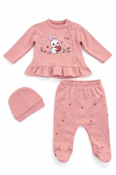 Superbaby Set bebe fete 3 piese roz iepuras bluza volan pantaloni caciula