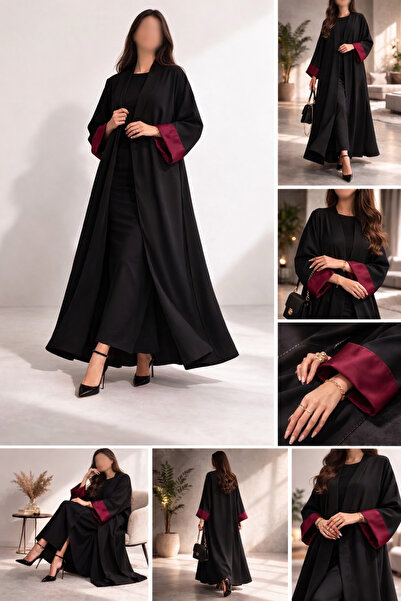 Omnia Layali Burgundy Crepe in black with burgundy sleeves