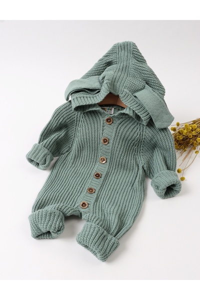 MiniKids Πλεκτή ολόσωμη φόρμα, κουκούλα με αυτιά, πράσινη 74 (6-9 μηνών)