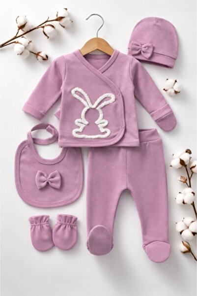 Superbaby Set bebe fete 5 piese mov prafuit iepuras bluza pantaloni baveta ca...