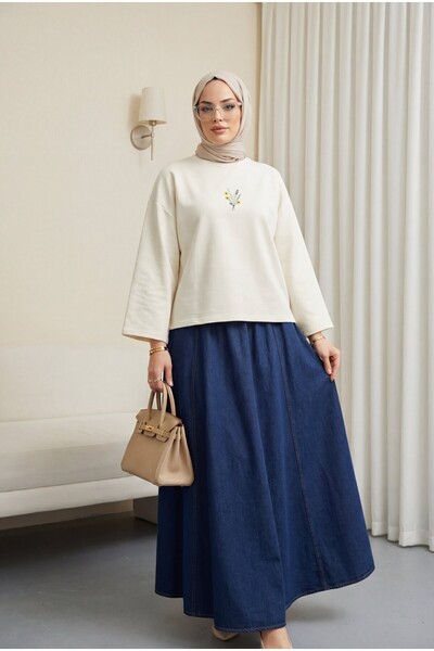 Modamorfo Round Neck Loose Combed Cotton Tunic with Floral Embroidery on the ...