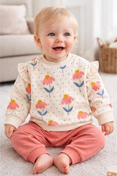 Superbaby Trening bebe fete 2 piese flori bluza crem volane pantaloni corai