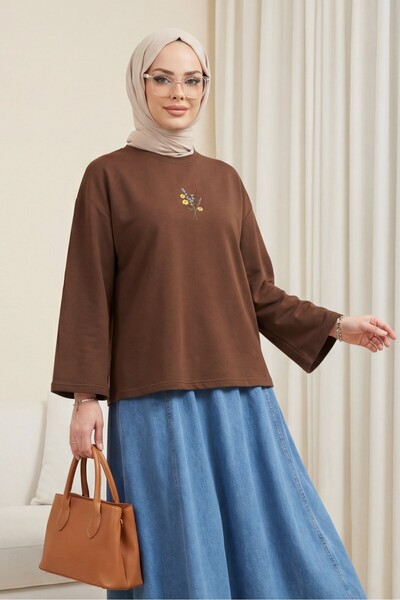 Modamorfo Round Neck Loose Combed Cotton Tunic with Floral Embroidery on the ...