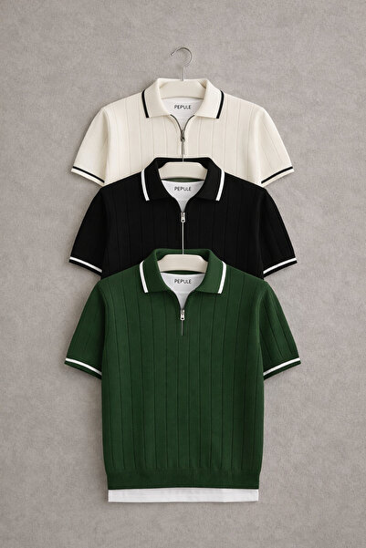 oneoff Men's 3-Pack Polo Collar Knitwear Textured Half-Zip Regular Cotton Mul...