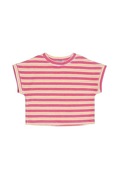 PETIT-ATELlER تيشيرت قصير بأكمام قصيرة من قماش تيري مخطط باللونين الوردي والأ...