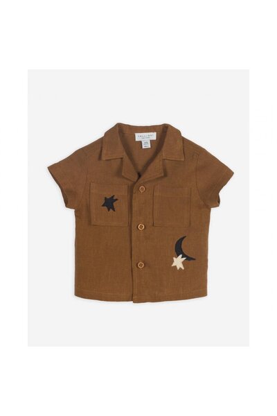 PETIT-ATELlER PETIT ATELIER Boys Brown Camp Collar Short Sleeve Shirt Star Mo...