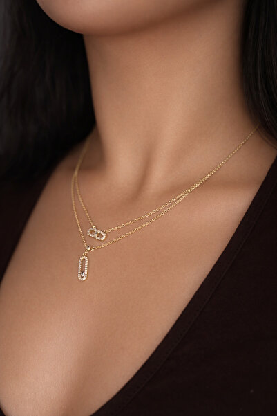 lit accessories Zirkon Taşlı İki Sıra Altın Renk Tasarım Kolye