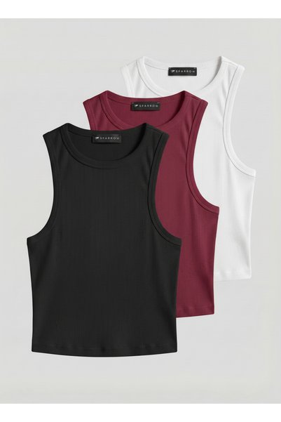 Sparrow 3-Pack Black-White-Burgundy Ribbed Slimfit Halter Neck Crop Tank Top