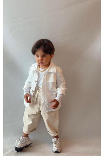 bohemiankids baby wear White Trench Coat and Cream Gabardine Trousers Set