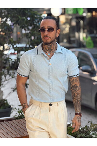 manch collection Medallion Buttoned Polo Collar with Ribbon Detail Blue