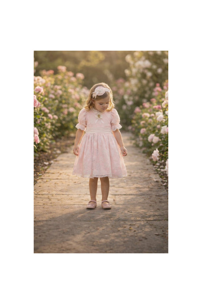 Pamina Baby pink Lace dress with a classic design for little girls and a head...