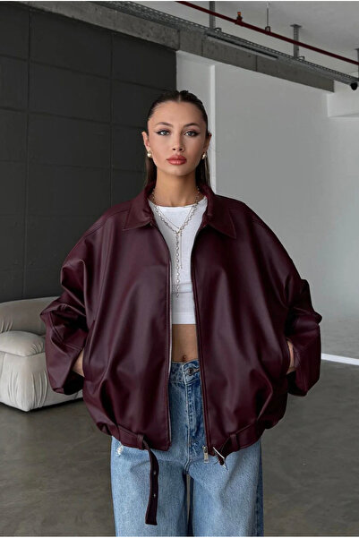 Karabulut Kadın Oversize Deri Ceket– Oversize Fermuarlı Kemer Detaylı Günlük Kadın Ceket BORDO