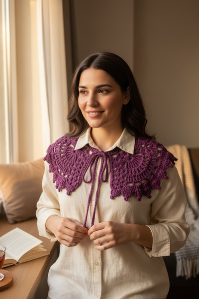 pulur.co Mor El Örgüsü Tığ İşi Retro Vintage Dantel Model Yakalık