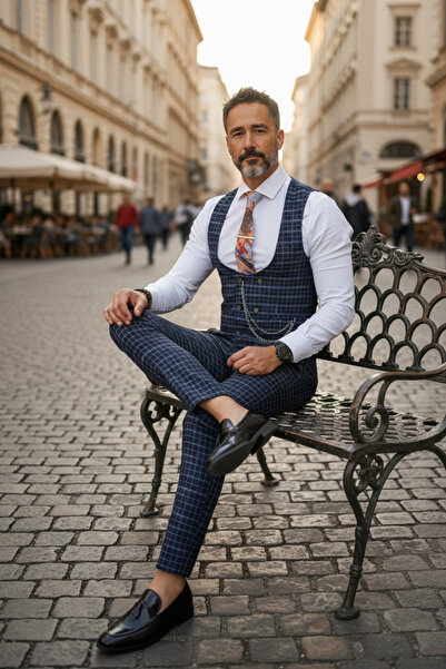 dehaine Men's suit, Pants + Vest, plaid, event suit, Navy blue, B1458