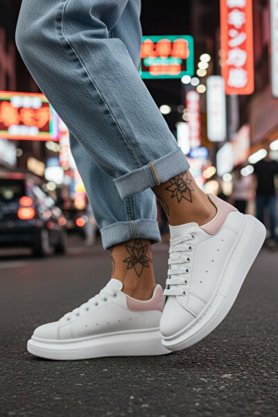 dehaine Women's sneakers MQ White with pink, fashion, casual, high sole, 111