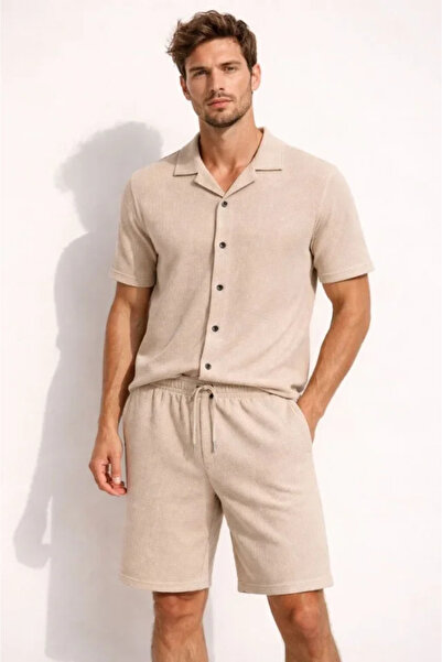 JANES Men's Waffle Fabric Short Sleeve Shirt Shorts Set Regular Fit Summer Tw...