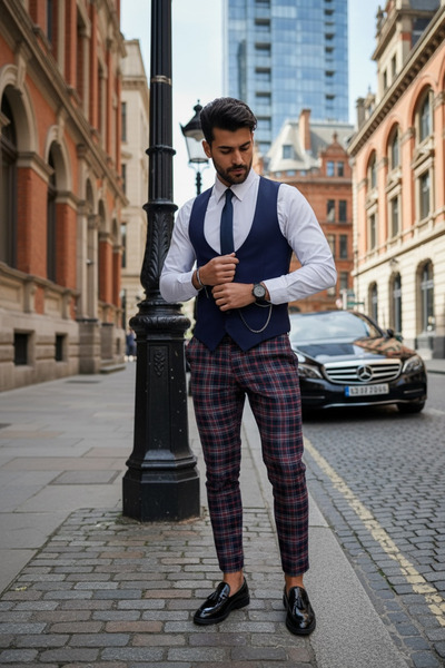 dehaine Men's suit, Pants + Vest, plaid, event suit, Navy blue, B1823