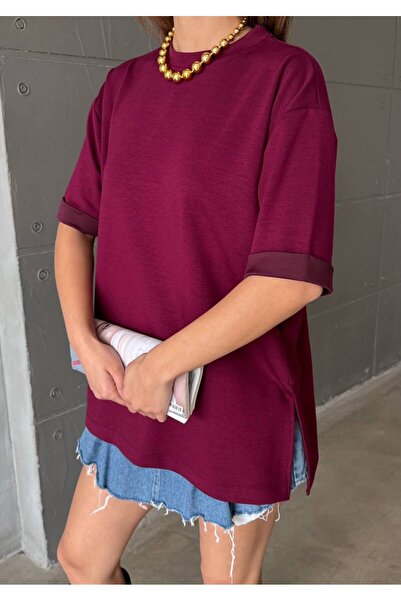 LAMİFUSTORE Modal Fabric Oversized Tshirt with Side Slits, Comfortable Fit