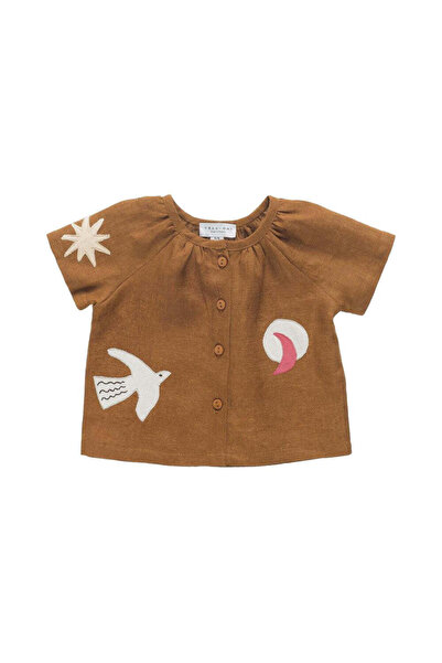 PETIT-ATELlER PETIT ATELIER Baby Girls Brown Short Sleeve Top Bird Sun Moon A...