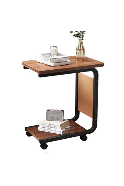 iSalon Masuta din otel carbon pentru cafea, 4 roti, 2 blaturi din lemn, buzun...