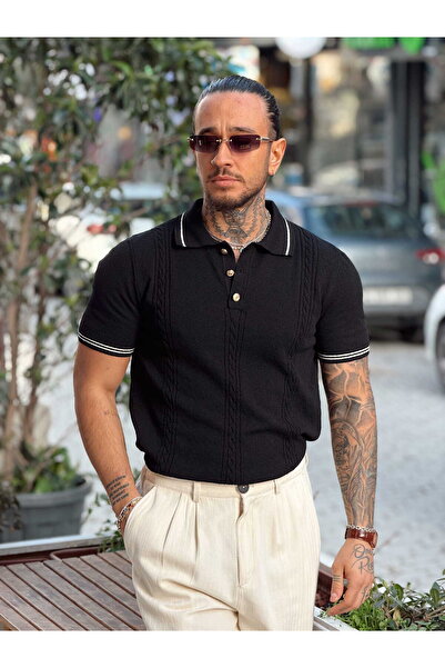 manch collection Medallion Buttoned Polo Collar with Ribbon Detail Black