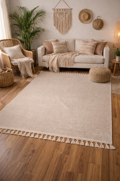 halıcı erkan Modern Açık Bej Kilim Kaymaz Tabanlı Yıkanabilir Özel Ölçü Kesim...