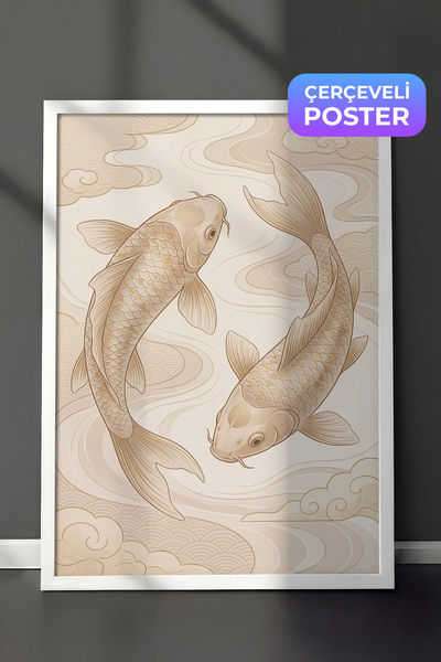 Zestia White Framed Wall Painting Cream Tones Elegant Koi Serenity Living Roo...