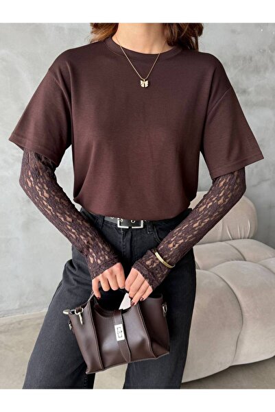 LAMİFUSTORE Modal Fabric Lace Sleeve Detailed Crop Blouse