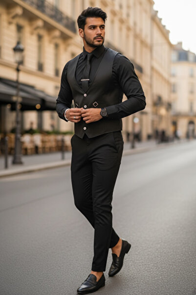 dehaine Men's suit, Pants + Vest, in Solid Color, event suit, Black, 13251