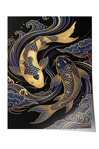 Zestia Premium Poster Luxury Koi Stream in Navy Blue and Gold Waves Living Ro...