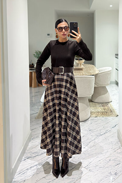 Seda Yalçın Atelier Örme Ekose Detaylı Kemerli Elbise