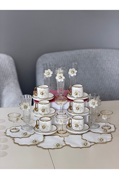 Hediye Köşkü 6 Kişilik 30 Parça Keyif Lüks Çiçekli Kahve Sunum Seti