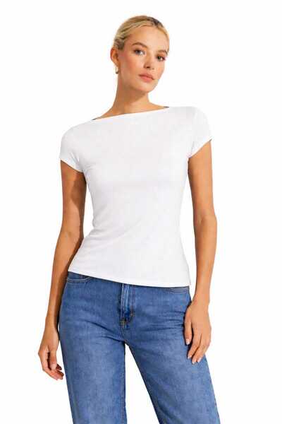 Maison La Femme Women's Boat Neck Short Sleeve Basic Fit T-Shirt