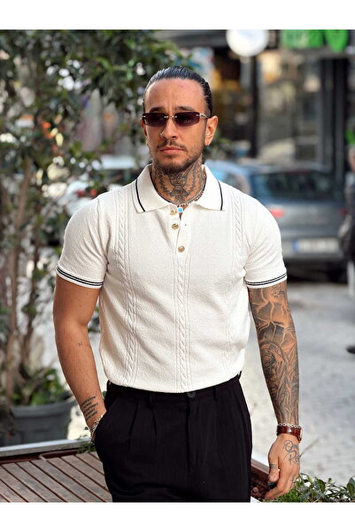 manch collection Medallion Buttoned Polo Collar with Ribbon Detail White