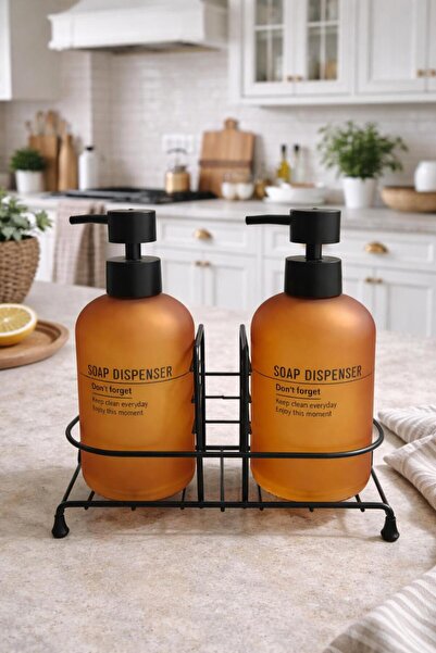 BRE HOME 2'li Metal Standlı Cam Bulaşık Süngerli Sıvı Sabunluk Mutfak ve Bany...