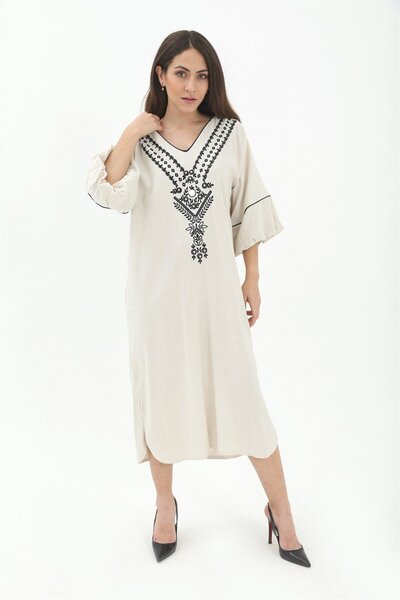 VELİZADE Women's V-Neck Viscose Linen Look Balloon Sleeve Embroidered Long Ki...