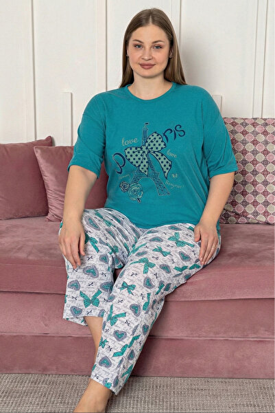 Farya Home Large Size Cotton Patterned Short Sleeve Pajama Set